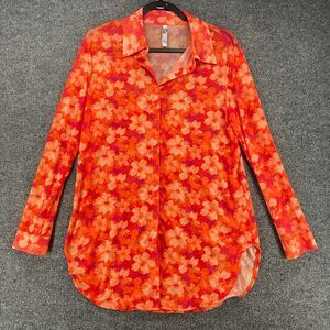 Refuge Blouse Top Womens S/M Orange Floral Sheer Button Up Hippie Gypsy Festival
